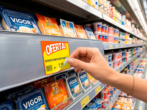 Etiqueta de gôndola com preço e código de barras para prateleiras