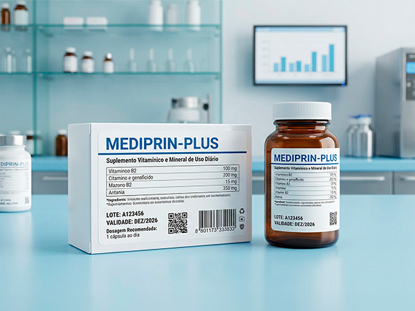 Rótulo farmacêutico conforme normas ANVISA com informações de dosagem e validade